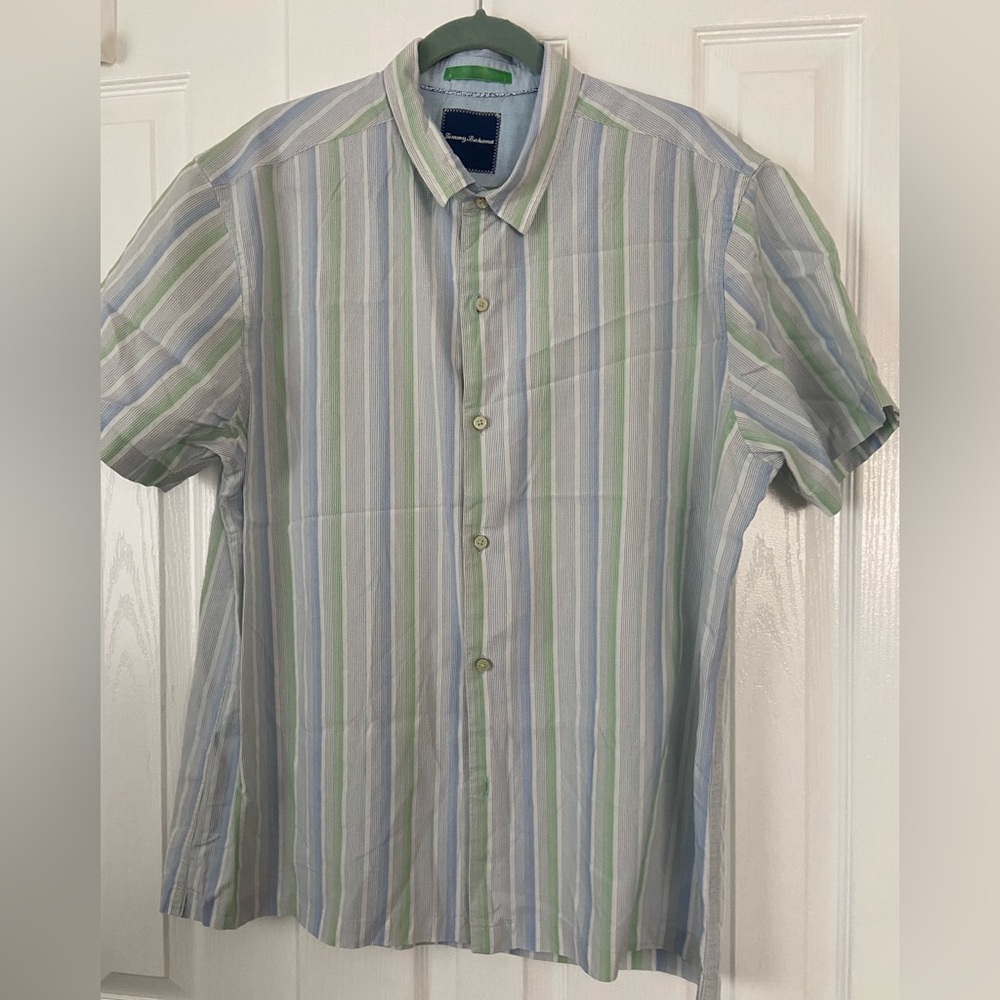 Mens Tommy Bahama shirt size XL Blue Green Black Stripped.